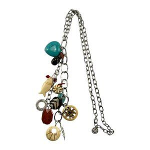 Graziano Long Charm Necklace Silver Tone 10 Assorted Charms Fish Heart Feather